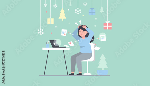 Overwhelmed woman stressed by holiday work deadlines and paperwork chaos