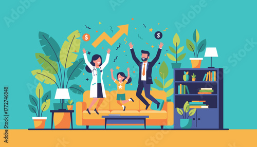 Family doctor executive jumps for joy celebrating career achievement and financial success