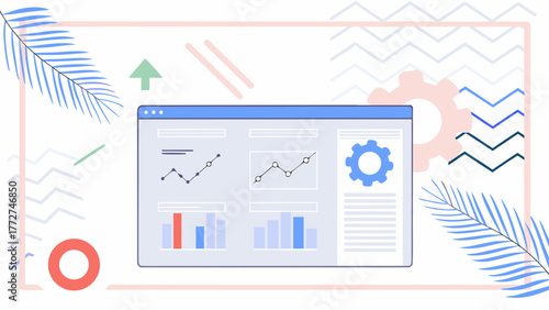 Modern flat illustration of a digital dashboard displaying charts graphs and analytics with decorative elements and abstract shapes