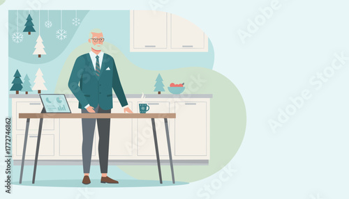 Professional older man works on tablet in a festive home office kitchen
