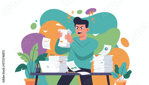 Angry stressed man overwhelmed by paperwork and high workload at his messy office desk