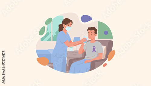 Nurse assists patient with purple awareness ribbon Home health hospice and senior care concept