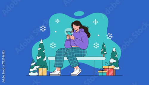 Woman texting on smartphone outdoors in snowy park with gifts Holiday communication