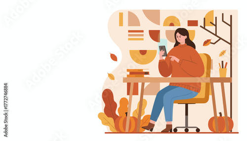Frustrated woman checks her smartphone at a cozy autumn desk decorated with pumpkins and fall leaves