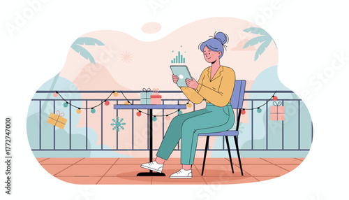 Woman analyzes data on a tablet while remote working on a decorated balcony in a warm climate