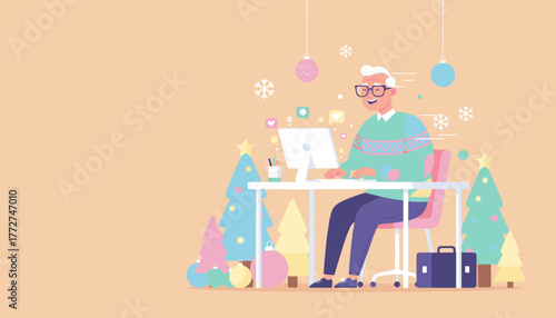 Senior working remotely on computer surrounded by festive holiday decorations and social icons