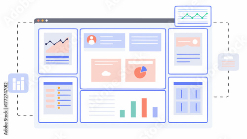 Modern flat design dashboard interface with charts graphs and user interface elements for data analysis and business intelligence