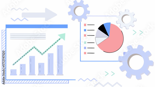 Business growth and data analysis concept with rising bar chart and pie chart connected by gears and arrows