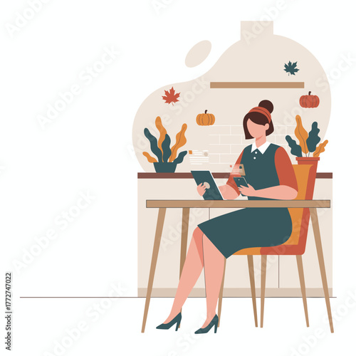 Businesswoman multitasking with digital devices in a cozy autumnal environment