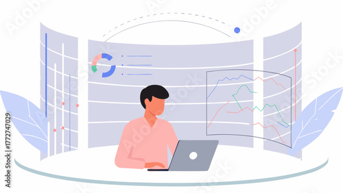 Person analyzing financial data on a laptop with futuristic holographic charts and graphs in a modern office setting