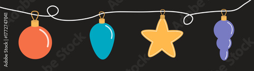 Hanging Christmas toy ball set. Christmas tree toy decoration. Round Star shape. Different color. Cute colorful bauble toy collection. New Year sign symbol. Flat design. Black background. Vector