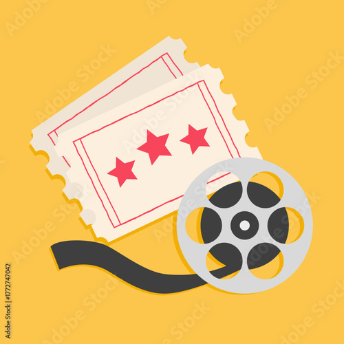 Movie reel Two tickets with three stars. Admit one. Cinema festival icon set Movie night. Flyer, poster, banner, invitation, presentation template. Flat design. Yellow background. Isolated. Vector