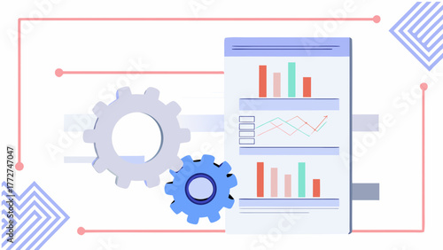 Abstract illustration of gears and charts representing data analysis process optimization and business intelligence concepts
