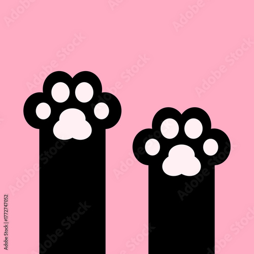Two black cat kitten paw print leg foot sign symbol. Cute kawaii cartoon pet character body part silhouette. Pink pawprint. Happy Valentines Day. Childish style. Flat design. Pink background. Vector