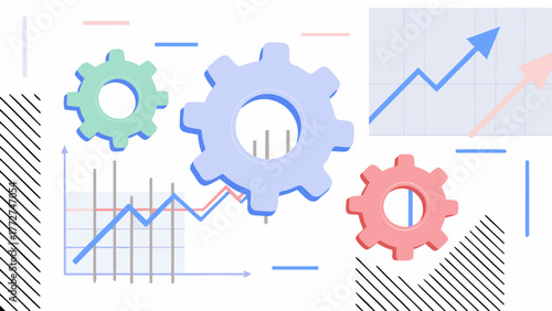 Abstract illustration of gears and upward trending graphs symbolizing business growth efficiency and data analysis in a modern style