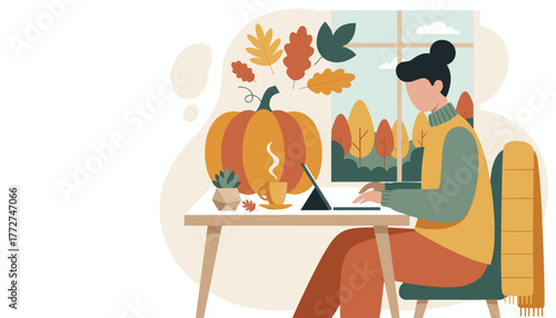 Cozy autumn remote work Woman uses a tabletlaptop with coffee pumpkin and fall leaves decorations