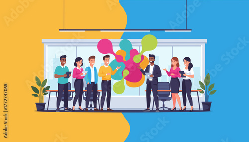 Diverse business team generating innovative ideas and collaborative synergy in a modern office environment