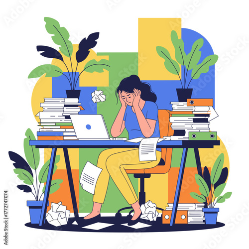 Woman stressed by excessive paperwork and deadlines experiencing job burnout or frustration