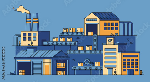 Flat vector illustration of a massive production factory logistics network and supply chain