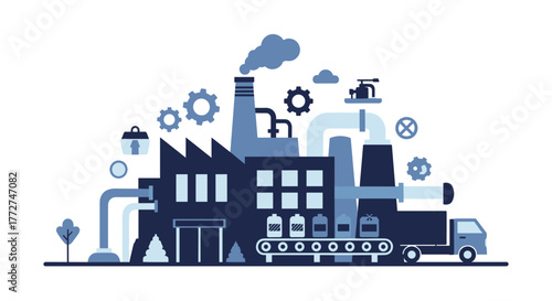 Modern industrial factory vector with production line chimney smoke gears and truck for logistics
