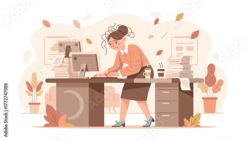 Exhausted employee suffering from office burnout facing extreme workload and looming deadlines