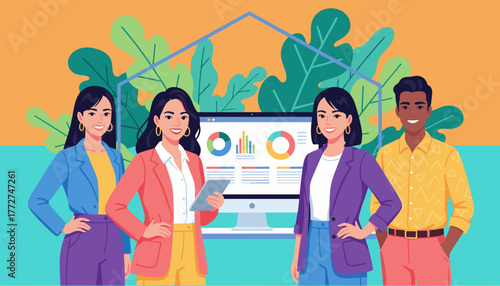 Diverse team analyzing business data on a monitor representing corporate growth and teamwork