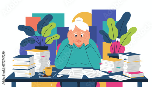 Senior woman stressed by excessive paperwork debt or financial bureaucracy