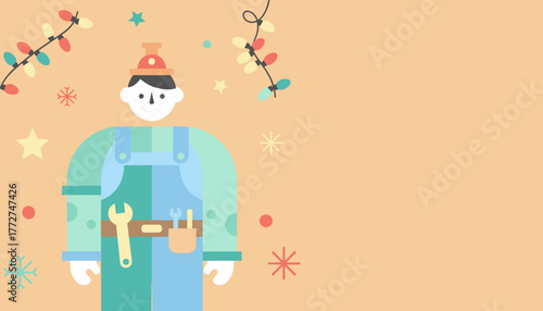 Service worker illustration ready for holiday repair or maintenance decorated with lights