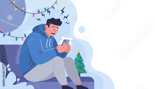 Young man distressed by phone notification during winter holidays Concept of stress