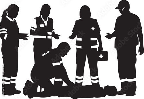 International volunteer day silhouette of medical team providing aid to person lying down