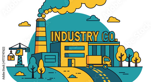 Stylized factory production and logistics scene with chimney delivery truck and crane