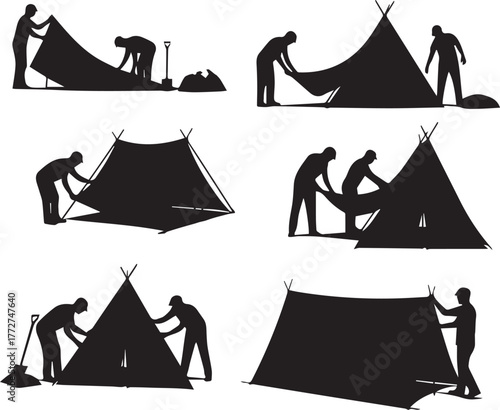 People setting up camping tents demonstrating teamwork and outdoor adventure activities