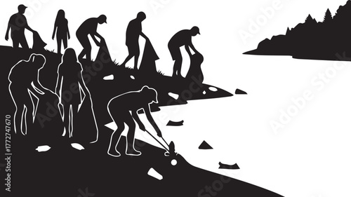 Diverse volunteers cleaning up a shoreline on international volunteer day symbolizing environmentalism