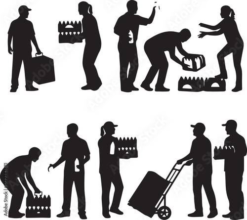 Diverse silhouettes show volunteers distributing drinks and packages on international volunteer day