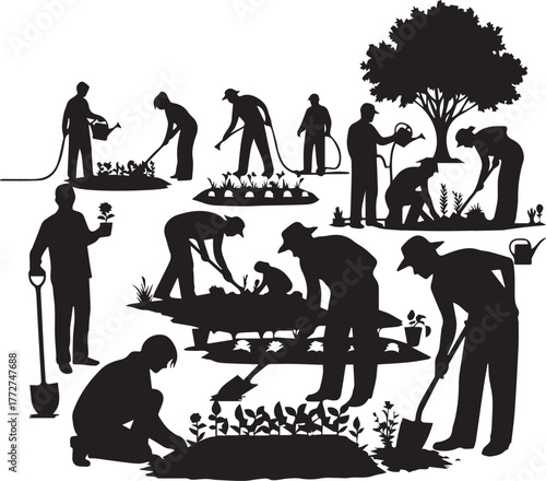 Diverse group of people working together in a garden planting and watering plants on international volunteer day