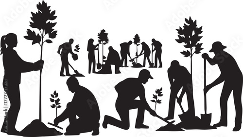 International volunteer day silhouette of people planting trees engaging in community gardening and environmental care