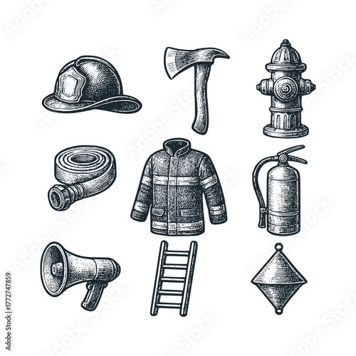 Fire fighter equipment icon set– Black and White Icon Vector and Illustration