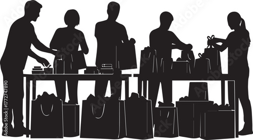 Diverse volunteers working together packing supplies for charity event international volunteer day concept