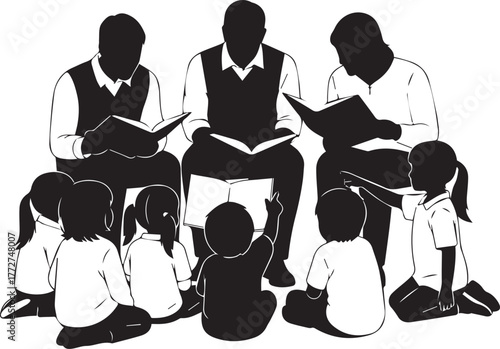 Adults reading books to children celebrating international volunteer day of service and education