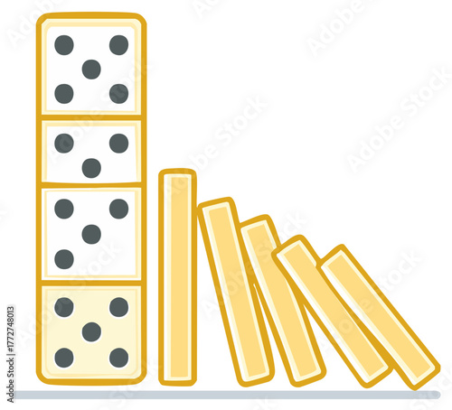 Stacked dotted blocks initiating a falling domino effect in a chain reaction illustration