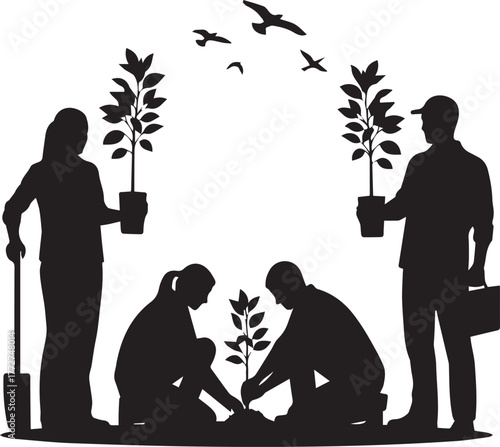 Diverse volunteers planting trees and tending gardens celebrating international volunteer day