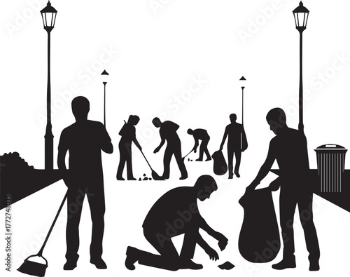 International volunteer day people cleaning park silhouettes with brooms and trash bags