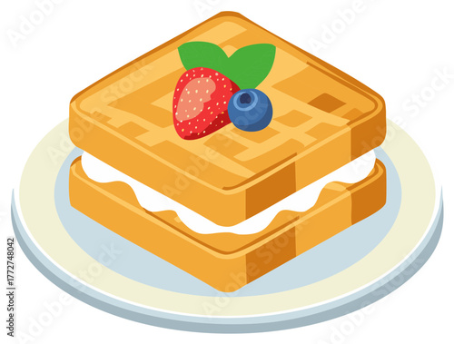 Isometric view of two waffles with whipped cream, strawberry, blueberry, and mint leaf on a plate. Vector illustration.