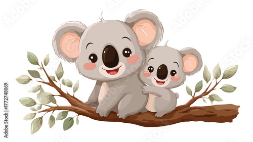 Cute Kawaii Cartoon Koala Mom and Baby Characters Illustration