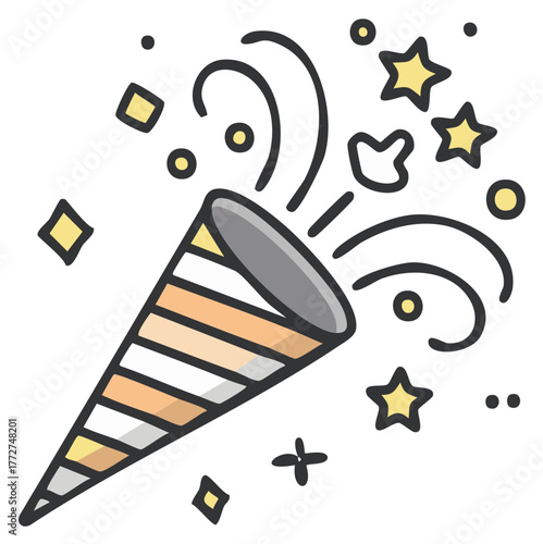 Hand drawn party popper icon exploding with confetti and stars for a celebration