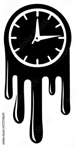 Distorted melting clock black and white vector illustration representing passing time urgency