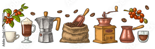 Set coffee. Beans, wooden scoop, sack, moka pot, turkish copper, hand-held grinder, branch with leaf and berry, glass latte with whipped cream. Vintage color vector engraving isolated on white