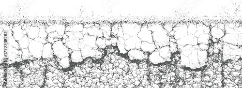 Cracked asphalt texture with grass and pebbles ground surface