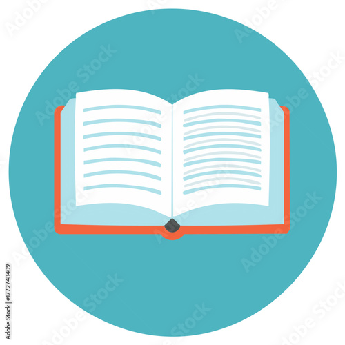 Open book with text pages and a distinctive orange cover against a teal circular background