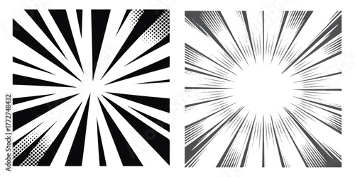 Sunbrust grunge  black and white comic pop art background,Abstract black and white radiating lines converging.